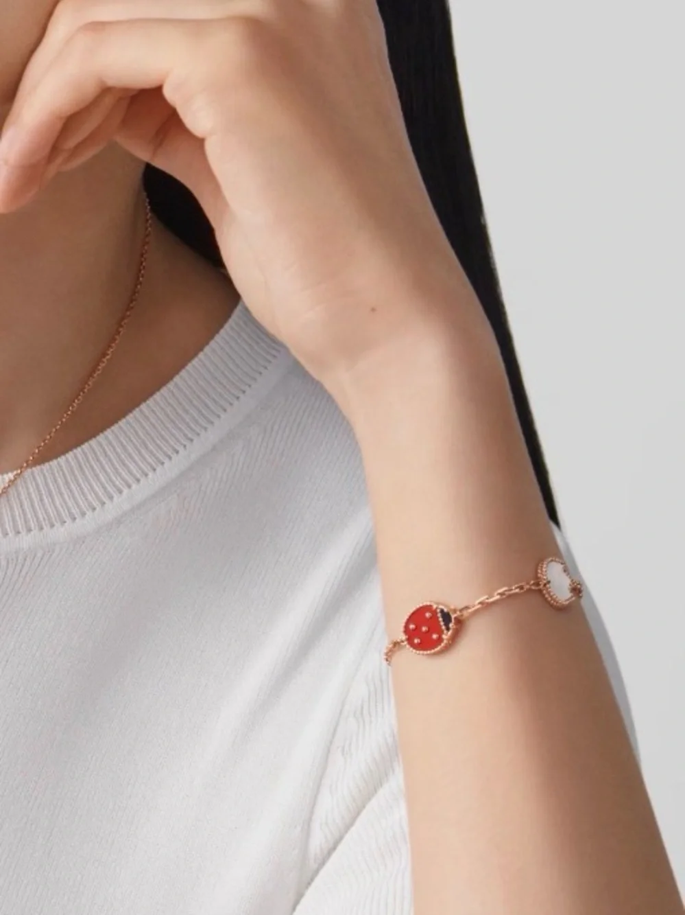 Rose Gold Lucky Charm Bracelet with Red Enamel Accent